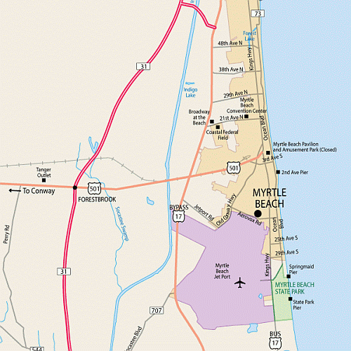 Detailed Map of Downtown Myrtle Beach South Carolina USA