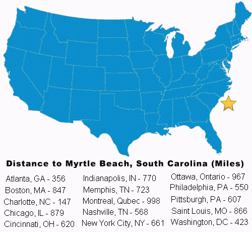 Distance to Myrtle Beach SC Grand Strand from other US cities.